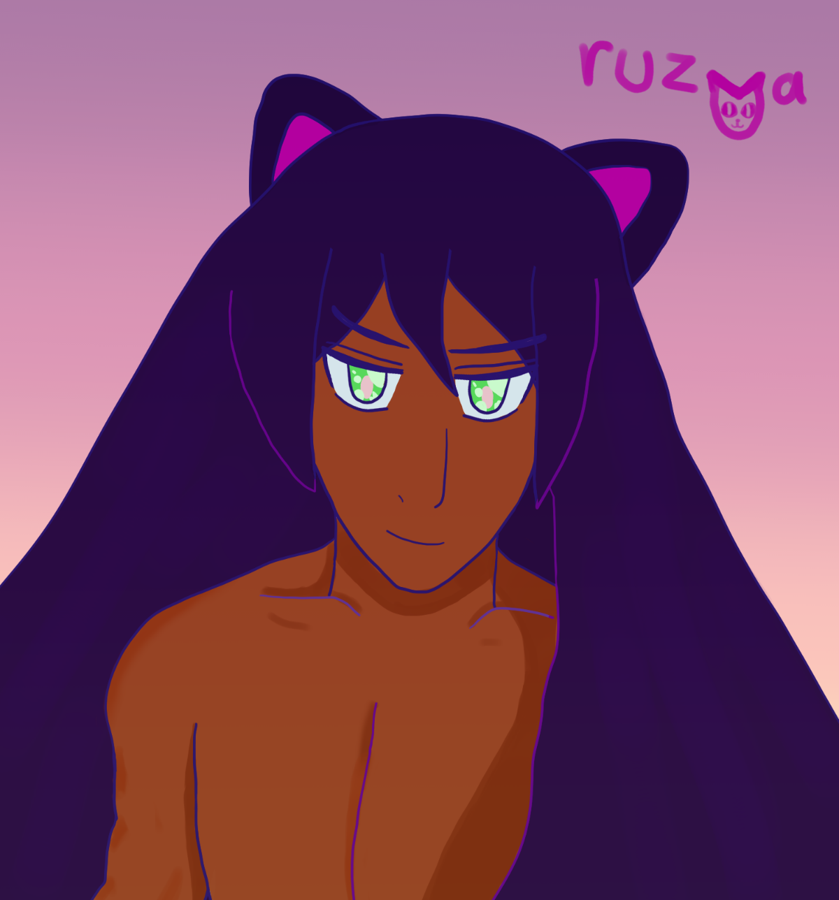 Ruzva the cat-man teacher of Antonio from Blue Horizon. He has softer rounded black cat ears, long black hair, actual bangs, kestral clan spring green eyes that sparkle, and bronze skin. He's not wearing a shirt. It says Ruzva on the top right with a cat emoticon for the V. The BG is rose gold.